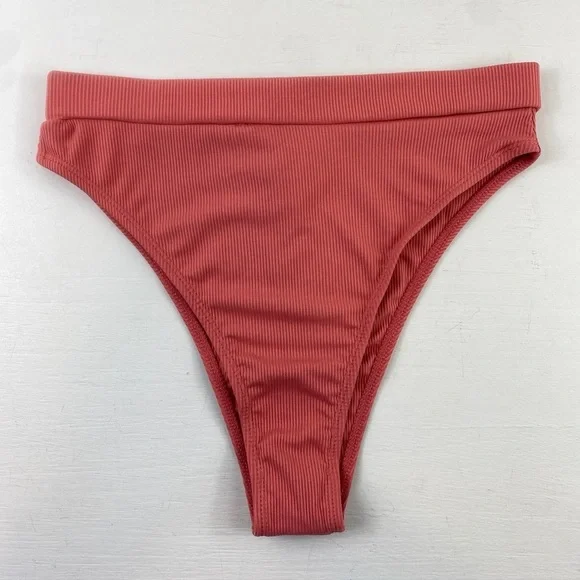 Lulus Coral High Waist Cheeky Ribbed Bikini Bottom NWT Sz Medium - Picture 2 of 9
